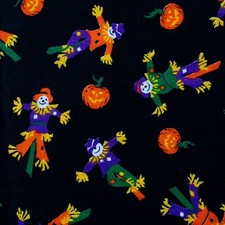 Vtg Cotton Fabric Cute Scarecrows Pumpkins Fall Halloween Autumn Black 20x44