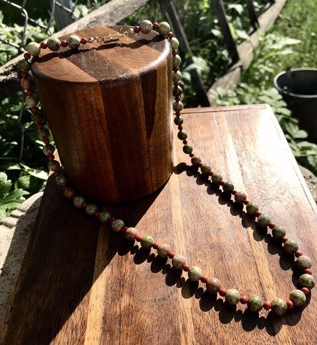 Unakite Beaded Necklace Round 9mm Beads 24” Healing Crystal Jewelry Handmade
