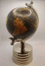 Small Black Desktop Spinning Globe With Silvertone Metal Base Office Decor