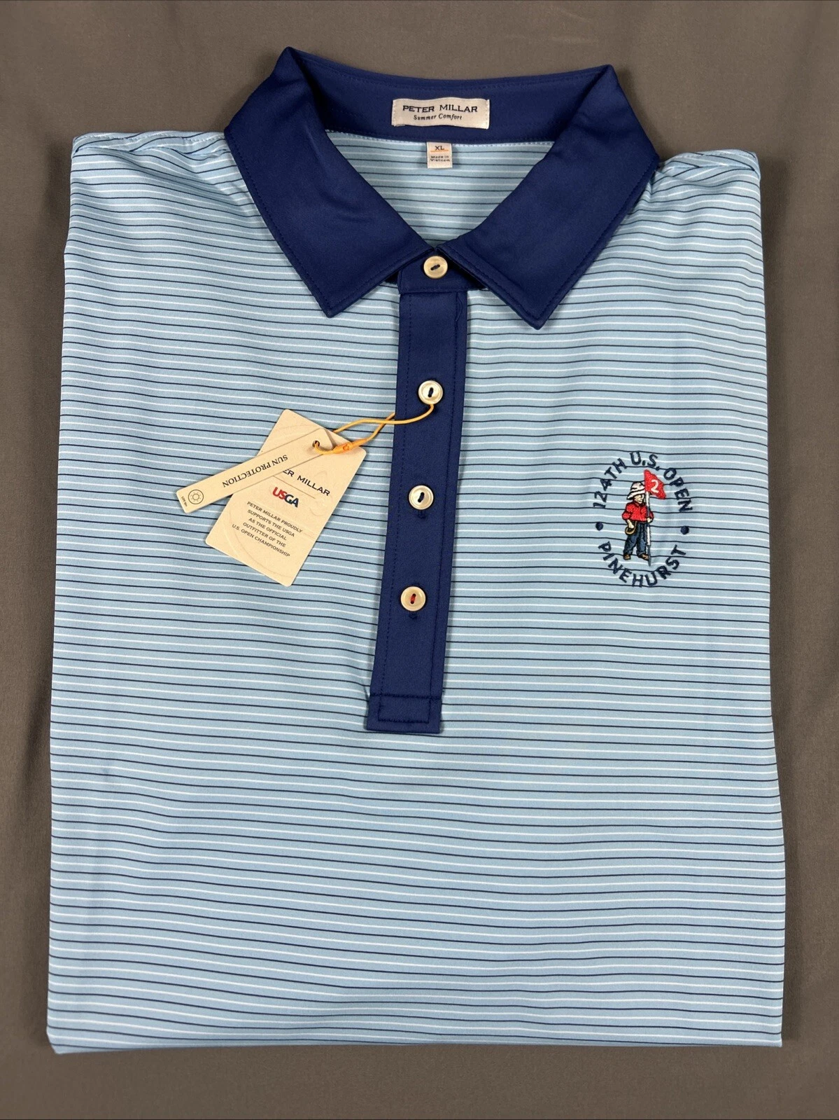 Peter Millar Golf Shirt Polo Pinehurst US Open Logo XL Blue Striped Polyester
Opens in a new window