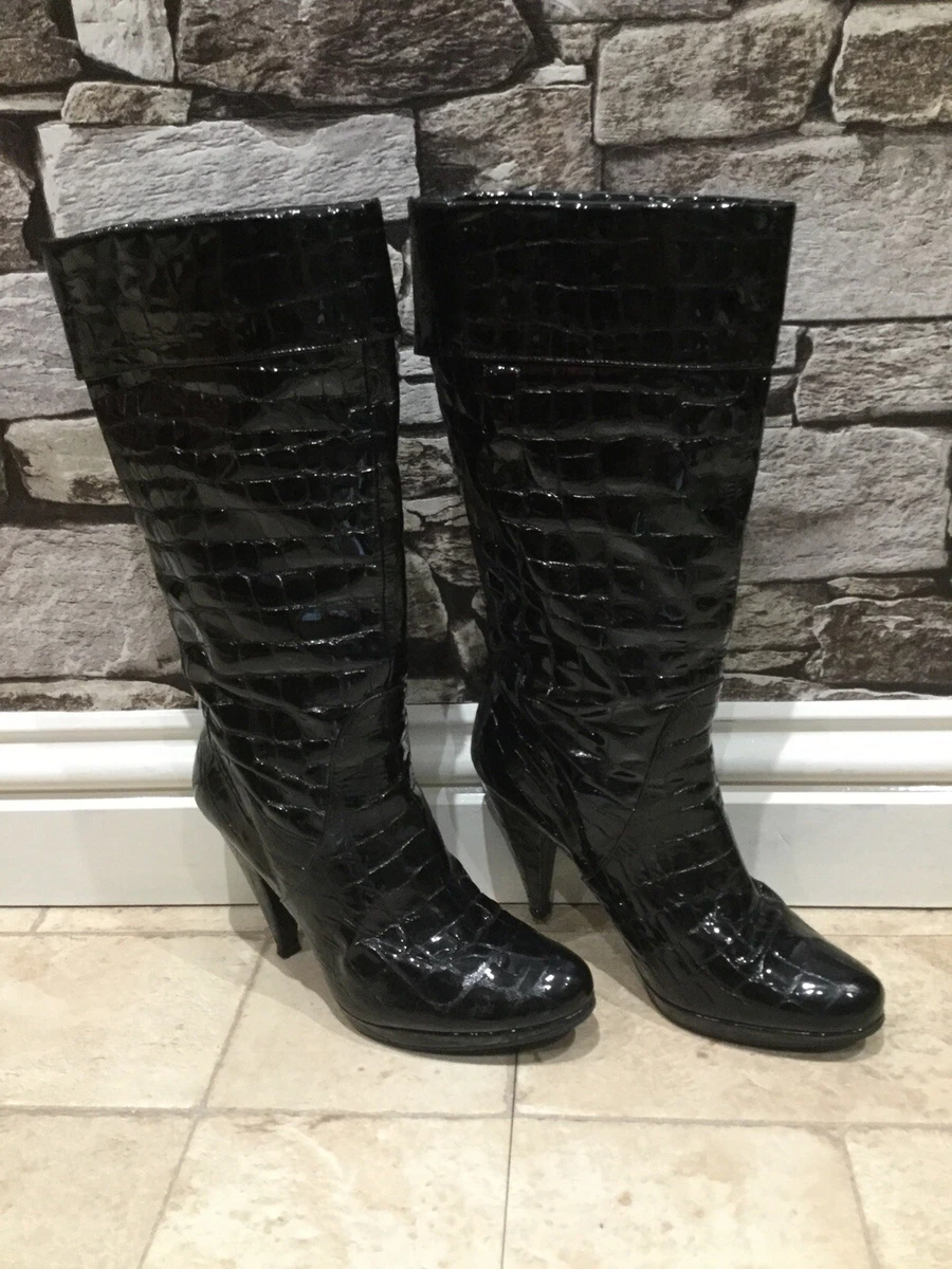 Albano Ladies Calf Black Patent Crocodile Print Heeled Boots Size 5 EU 38