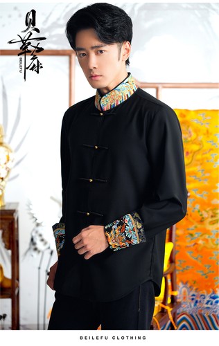 Chinese Style Stand Collar Mens Long Sleeve Button Up Shirt Dragon Embroidery Sz - Picture 12 of 19