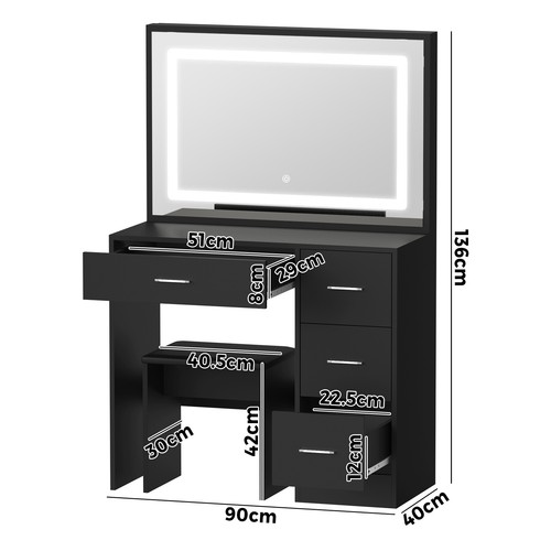 Oikiture Dressing Table Stool Set Large Makeup Mirror LED Light Vanity Black - Picture 10 of 10