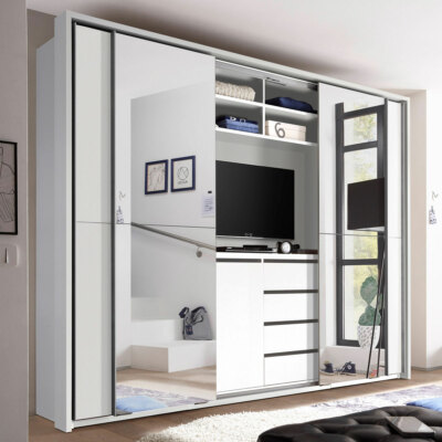 Schwebeturenschrank Zanema Kleiderschrank Weiss Und Spiegel Inkl Tv Fach 270 Cm Ebay
