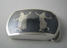 STERLING SILVER BELT BUCKLE NIELLO ENAMEL Asia Siam Thailand c1940s Excel NoMono