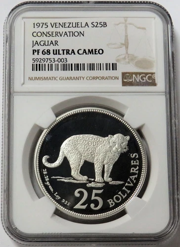 1975 SILVER VENEZUELA JAGUAR CONSERVATION 25 BOLIVARS COIN NGC PF 68 UC