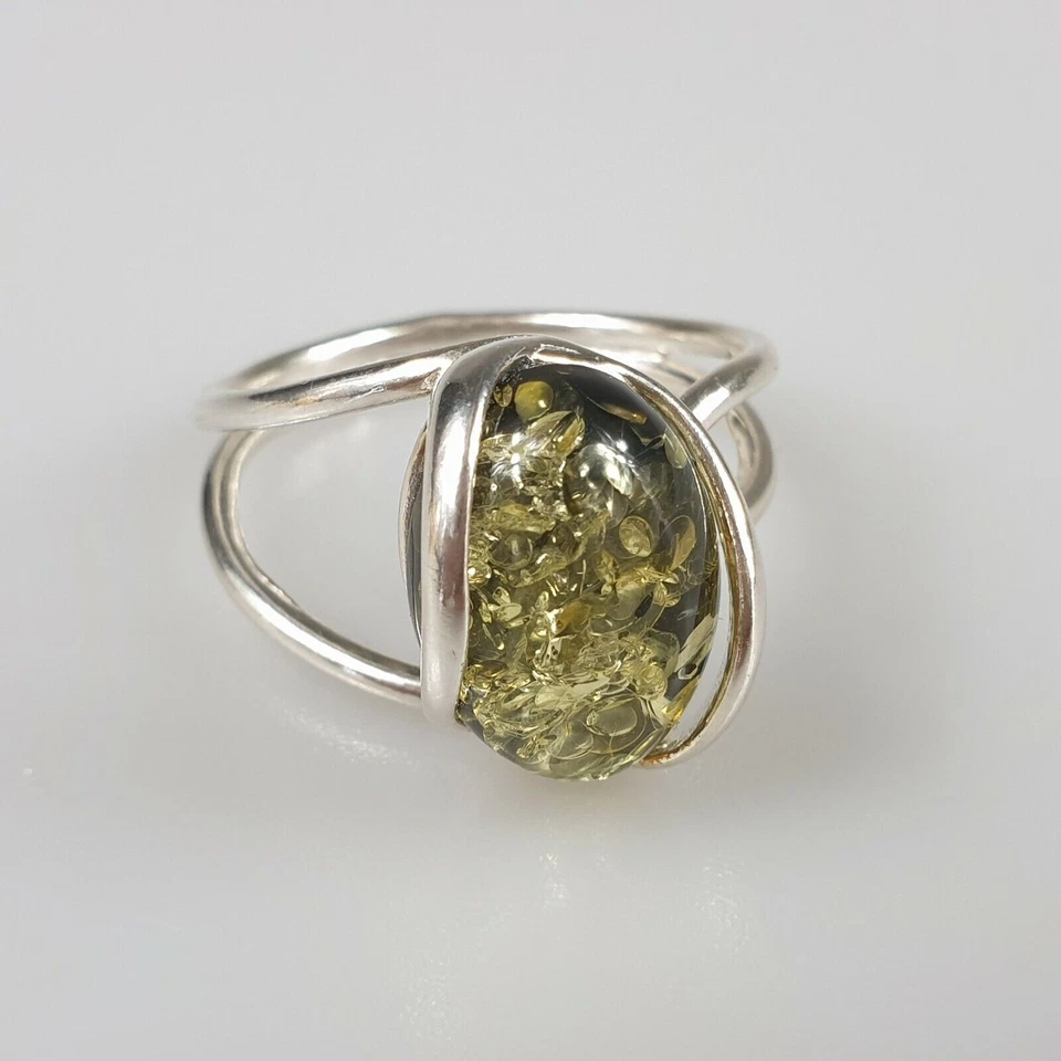 Anello in ambra regolabile in argento sterling 925 verde ambra baltica... - Immagine 3 di 4