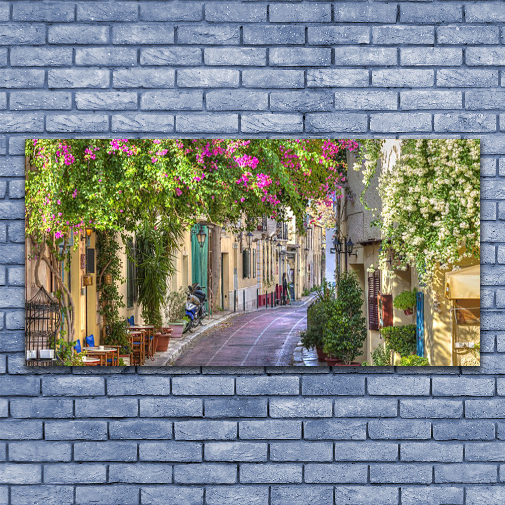 Tableau impression sous verre 140x70 Floral Ruelle Maisons panorama mural