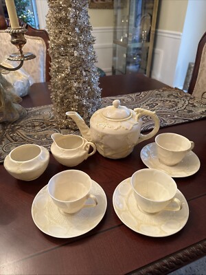 Vintage Belleek Ireland Limpet Teapot | 3 Tea Cups /Saucers | Creamer +Sugar