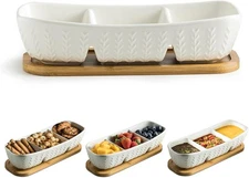 3-compartment condiment tray with wooden serving tray for chips and dip bowls