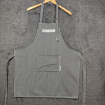 Dean & Deluca Apron Striped Bib Black White Adjustable Cotton Blend Pocket