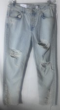 H M Denim Boyfriend Low Waist Jeans Size 32 Distressed Light Wash Button Fly