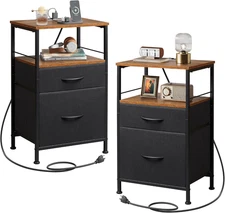 Nightstands Set of 2, Night Stand Set 2 with Charging Station, Bedside Tables fo
