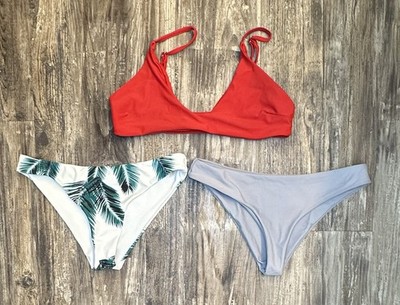 Zaful red bikini top w/ 2 bikini bottoms tropical leaf print & solid gray small