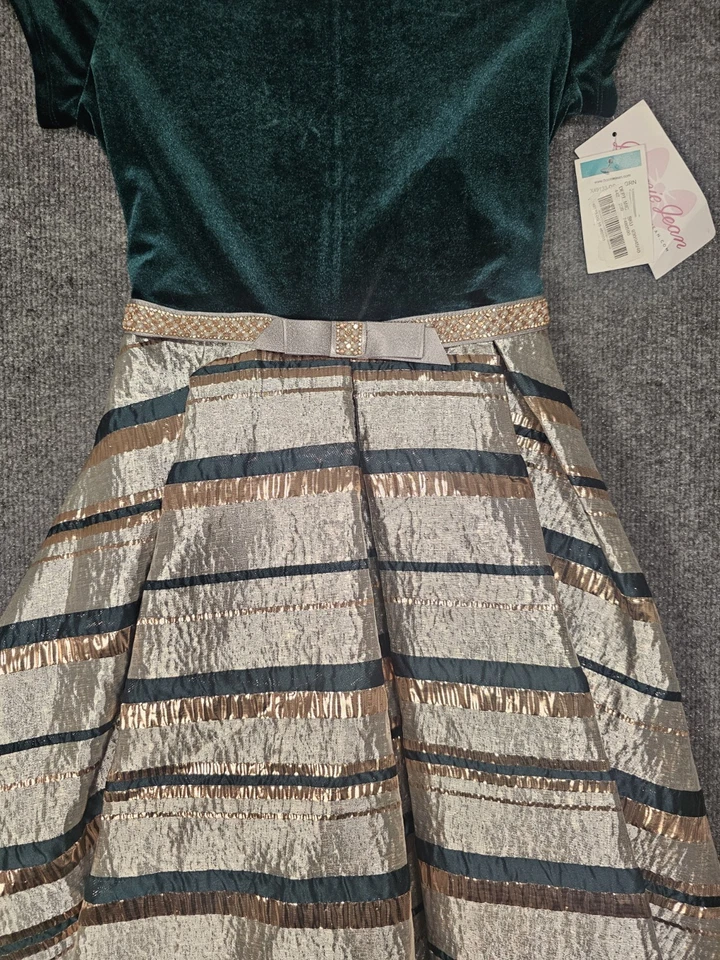 Bonnie Jean Girls Dress Size 16 Green Velvet And Gold Stripe Christmas Holiday  - Image 4 of 4