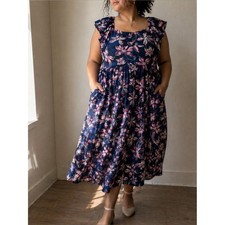 Lane Bryant Navy Pink Floral Midi Dress Ruffle Trim Pockets Size 26 Cottagecore