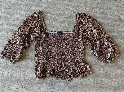 American Eagle Outfitters Brown Floral Smocked Festival Peasant Crop Top Size M