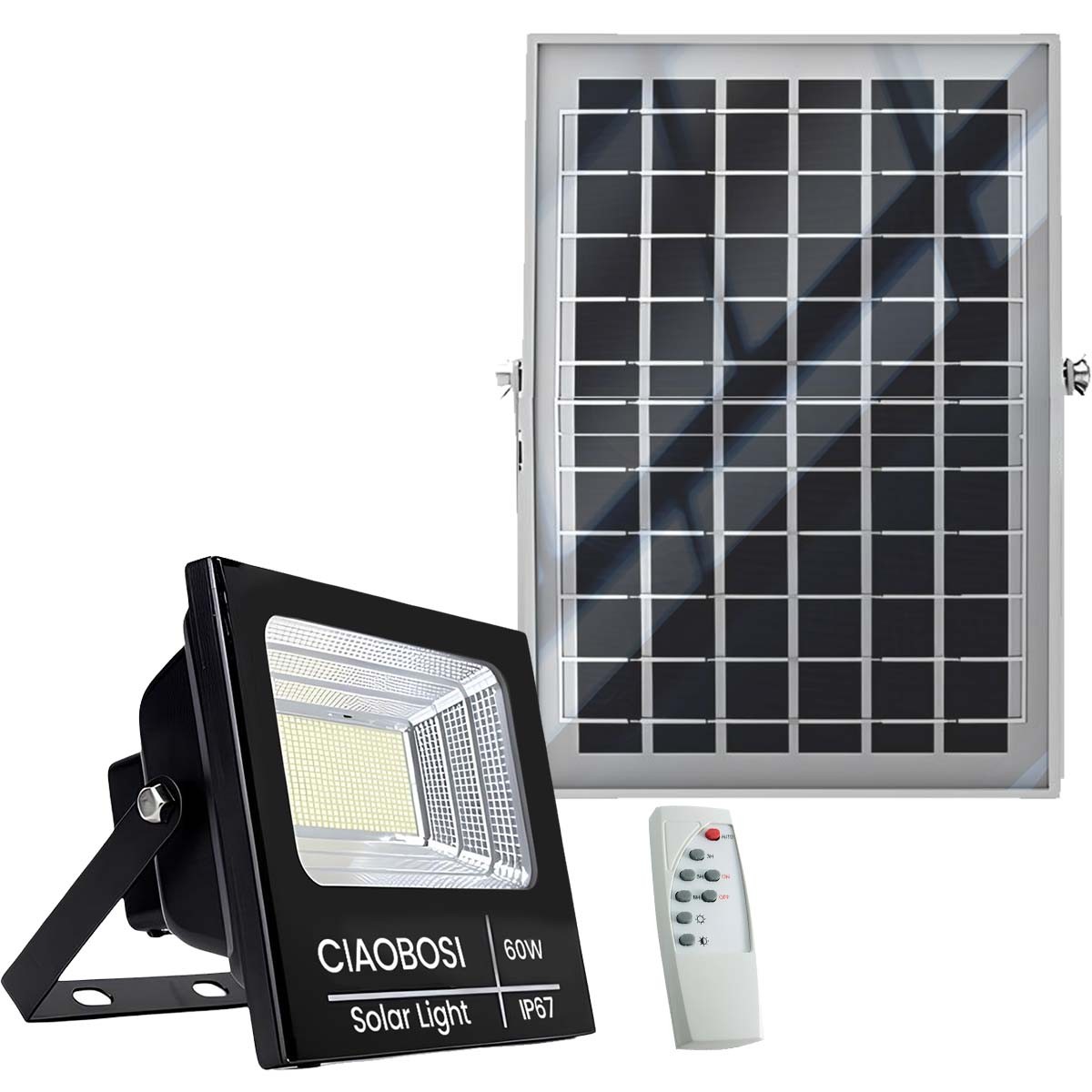 Projecteur solaire LED 60W IP67 noir avec panneau déporté et télécommande sans fil