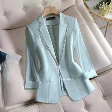 Women Blazer Suit Jacket Coat Crystal Rhinestone Dress Lapel 3/4 Sleeve Thin Top
