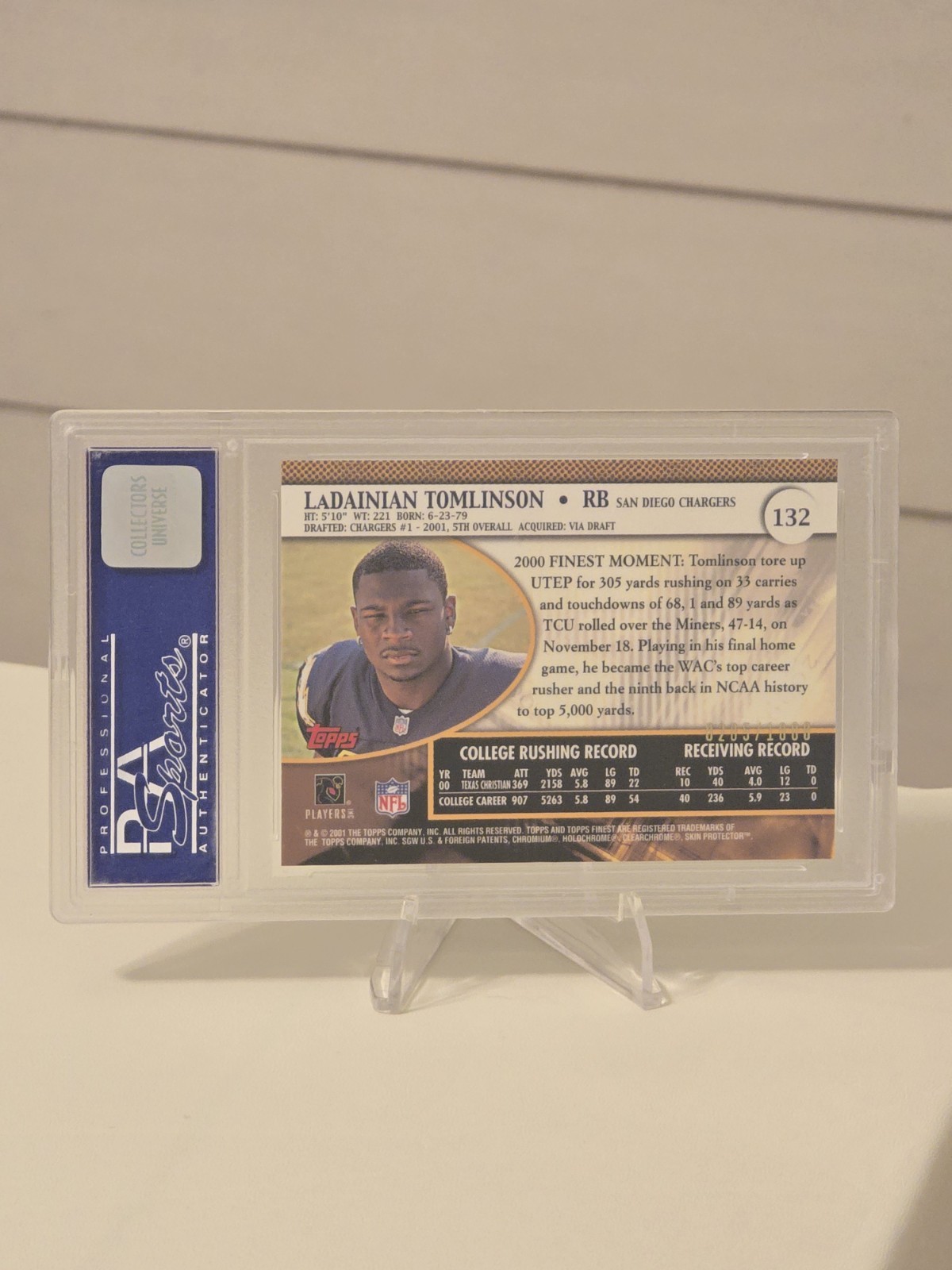 2001 Topps Finest LADAINIAN TOMLINSON RC /1000 #132 PSA 9 Mint Rookie Chargers view 3