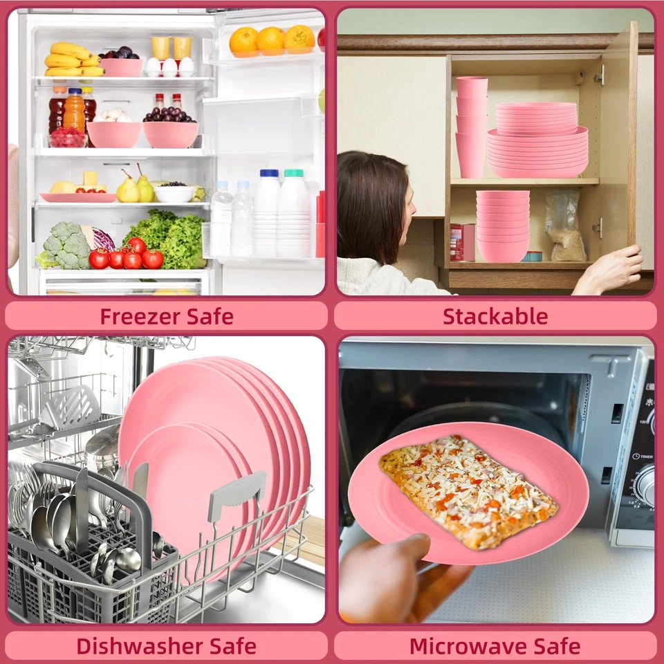Pink Dinnerware Sets for 8,Pink Plates and Bowls Sets Plastic,Wheat Straw Din... - Image 4 of 4