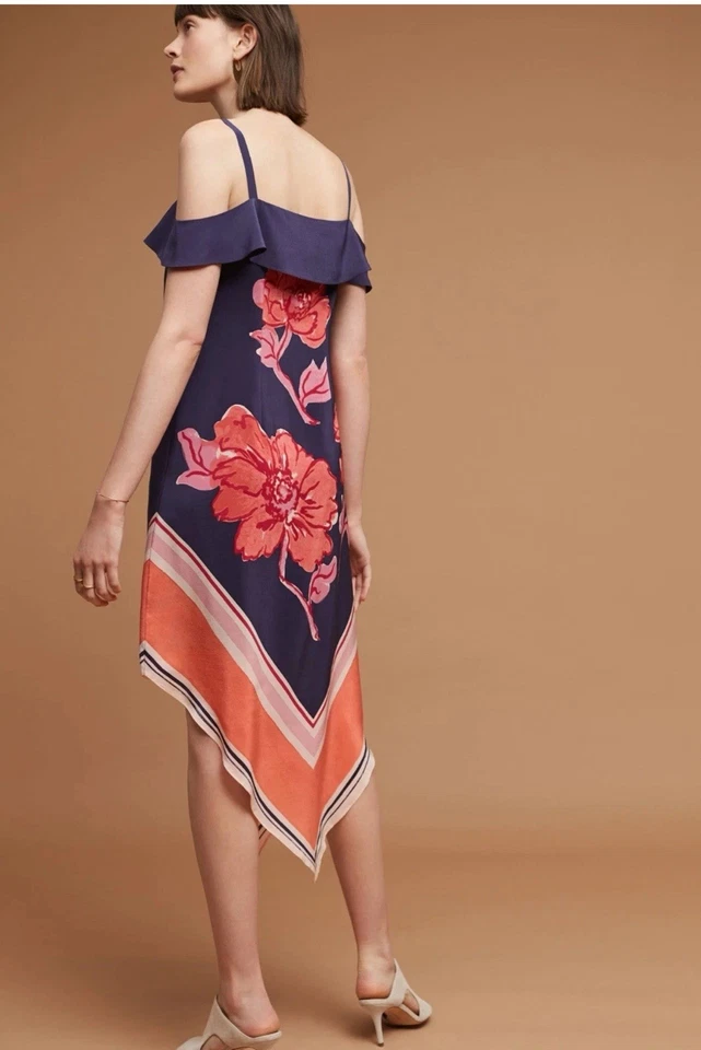 Vestido cachecol Anthropologie Moulinette Soeurs Tilda seda azul marinho M médio assimétrico - Imagem 2 de 4