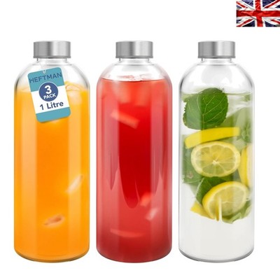 Elegante 3er Pack 1L Glas Trinkflaschen mit luftdichten Edelstahldeckeln