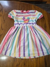 Vintage Health-tex Dress Girls 5 Pastel Stripe Short Sleeve Cupcake Applique