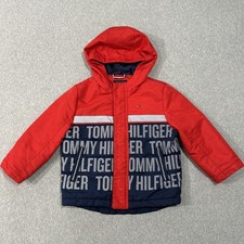 Tommy Hilfiger Boys Winter Jacket Red Blue Spellout Reflective Strip XS 4/5