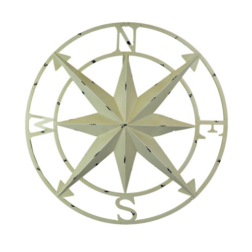 Antiqued White Indoor Outdoor Metal Compass Rose Wall Sculpture 20.5 Inch