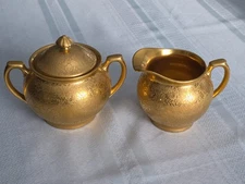 Vintage Wheeling 24k Gold Encrusted Creamer  and Sugar Bowl Set #1653