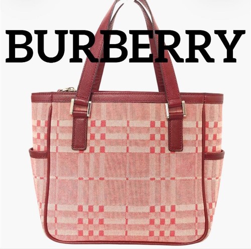 Burberry Tote Bag Check Leather Red Vintage Authentic From Japan