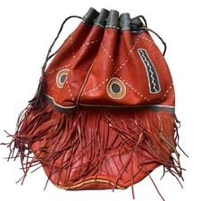 Vintage Handmade Leather Fringe Bucket Bag Orange Red Boho Drawstring