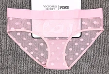 Victoria's Secret NWT Large Pink Polka Dot Sheer Heritage Logo Hiphugger Panty