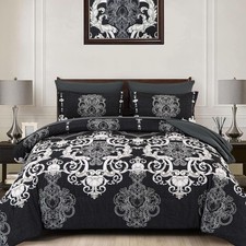 Queen Comforter Set, 7 Pieces Boho Bed in a Bag for Queen Bed, Black Damask Comf