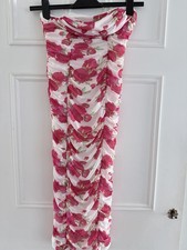 ASOS Design strapless ruched mesh dress, pink rose floral print mesh overlay UK6