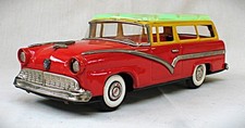 Vintage Tin Friction Ford Station Wagon w Plastic Roof Made in Japan by Nomura