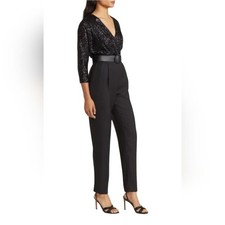 NWT Eliza J Sequin Bodice Mixed Media Jumpsuit Black Size 6