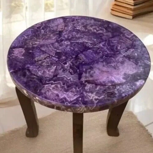 Mesa de centro de cristal de lujo de piedra amatista púrpura de 15" hecha a mano con piedras preciosas de Foto 3 de 4