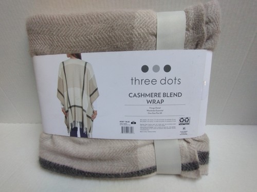 Cashmere Blend Wrap Fringe One Size Beige Gray Plaid Miranda Three Dot - Picture 2 of 3