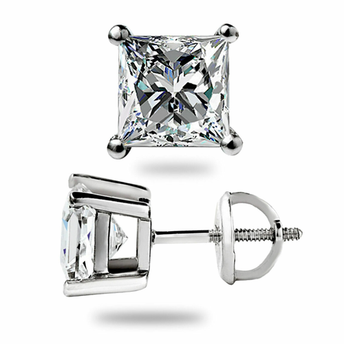 2.00Ct Princess Cut Moissanite Stud Earrings 14K White Gold Finish - Picture 2 of 3