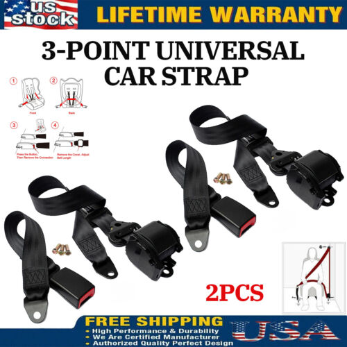 2x Retractable 3 Point Safety Seat Belt Straps Car Vehicle Adjustable Belt Kit - Picture 3 of 15
