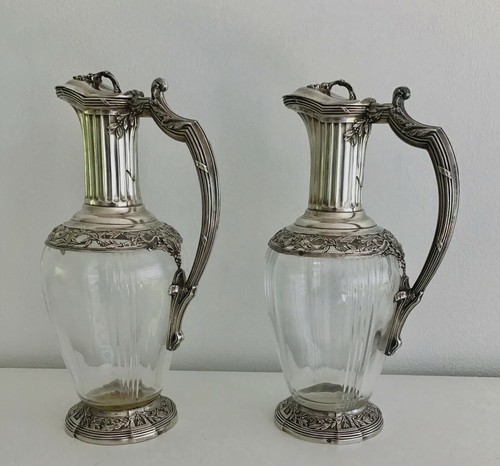 A Lovely Pair Of Antique 19th Century French Sterling Silver&Cut Glass Pitchers - Picture 6 of 11