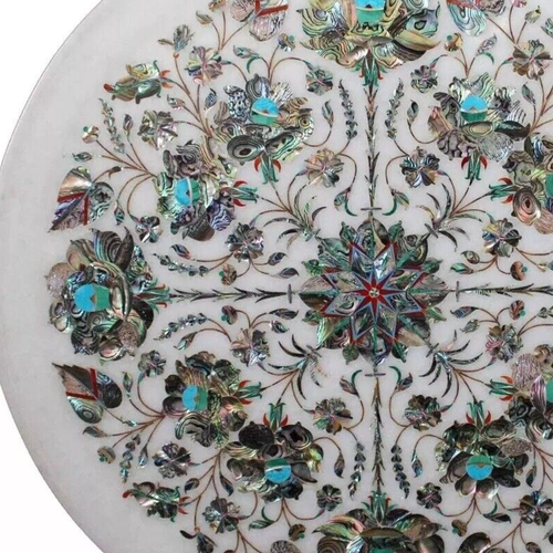 12" White Marble Plate Inlay Work Stone Pietra Dura Handmade Home Decors - Picture 7 of 8