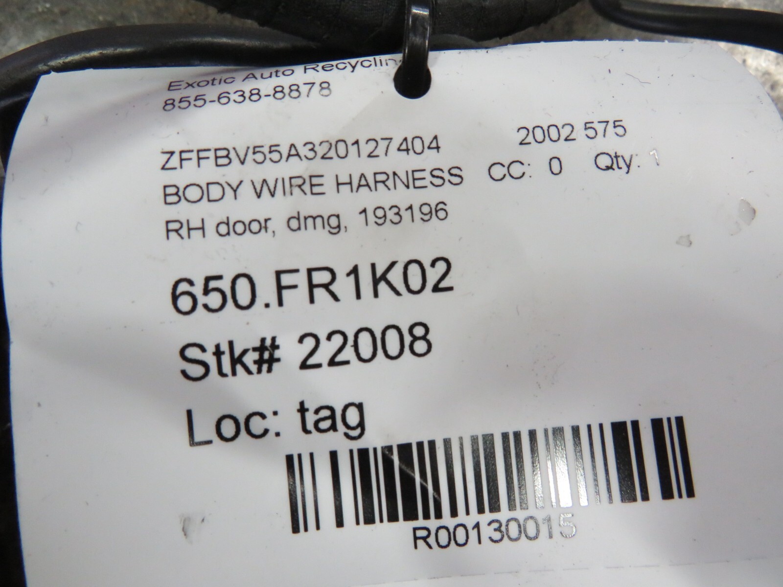 Ferrari 575, RH, Right, Door Wire Harness, Dmg, Used, P/N 193196