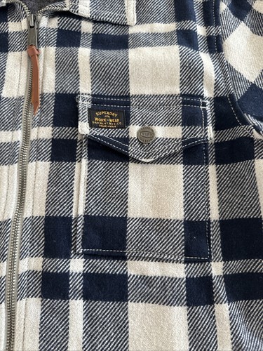 Superdry Jacke Herren L Wollmischung kariert Flanellblau Arbeitskleidung JPN Handwerk Reißverschluss - Bild 3 von 10