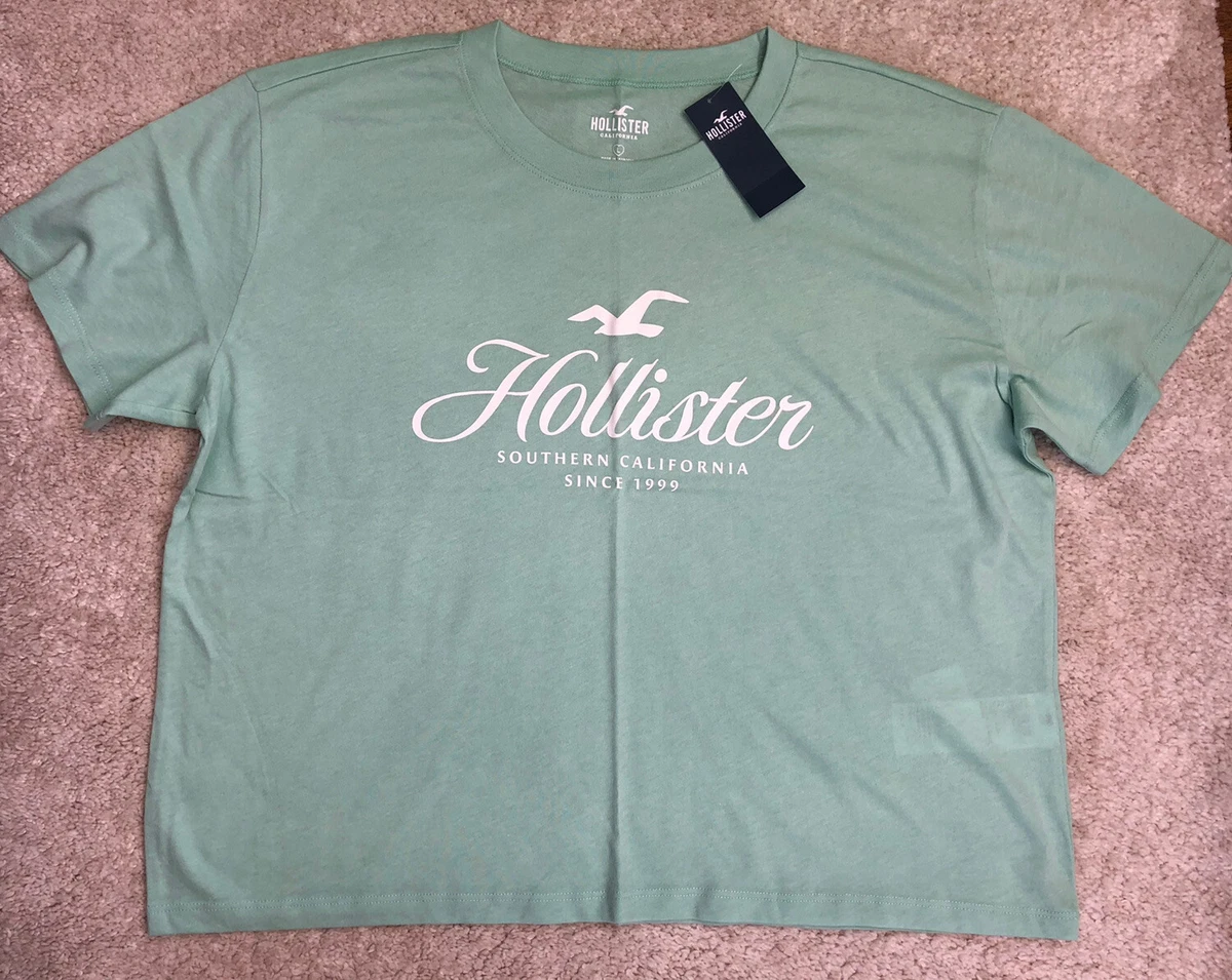 BNWT Women s Girl s Hollister Logo T shirt Top Tee Size L UK 12 14 Green