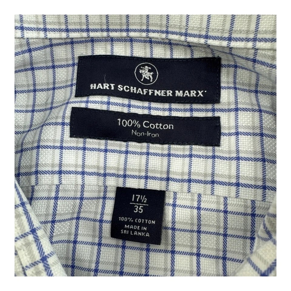 Hart Schaffner Marx Blanco Azul Gris Cuadros Algodón Sin Planchar Abotonado Para Hombres 17.5/35 Foto 4 de 4