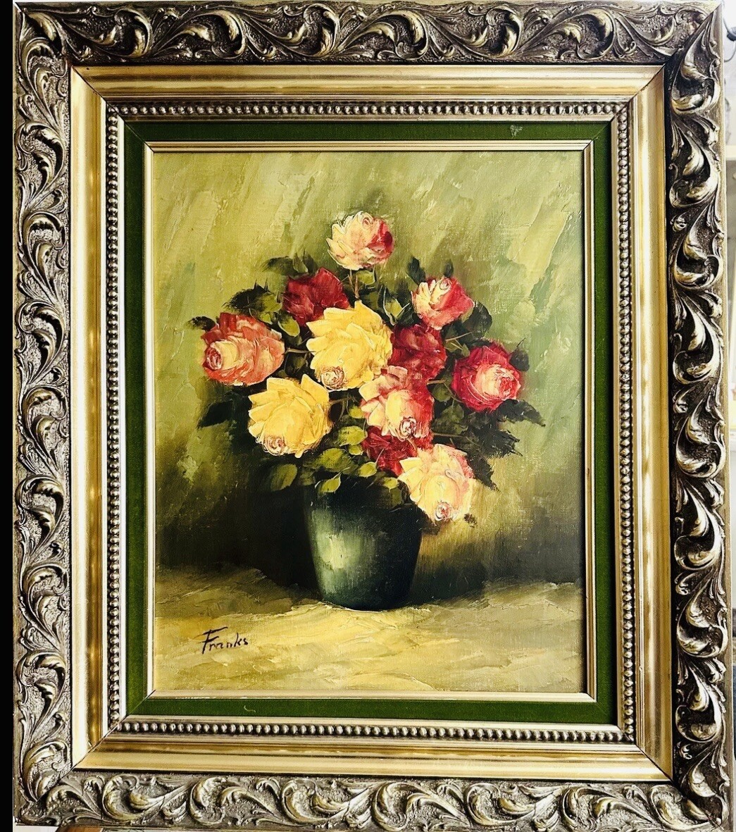original oil painting Peony Rose colorful flowers vase