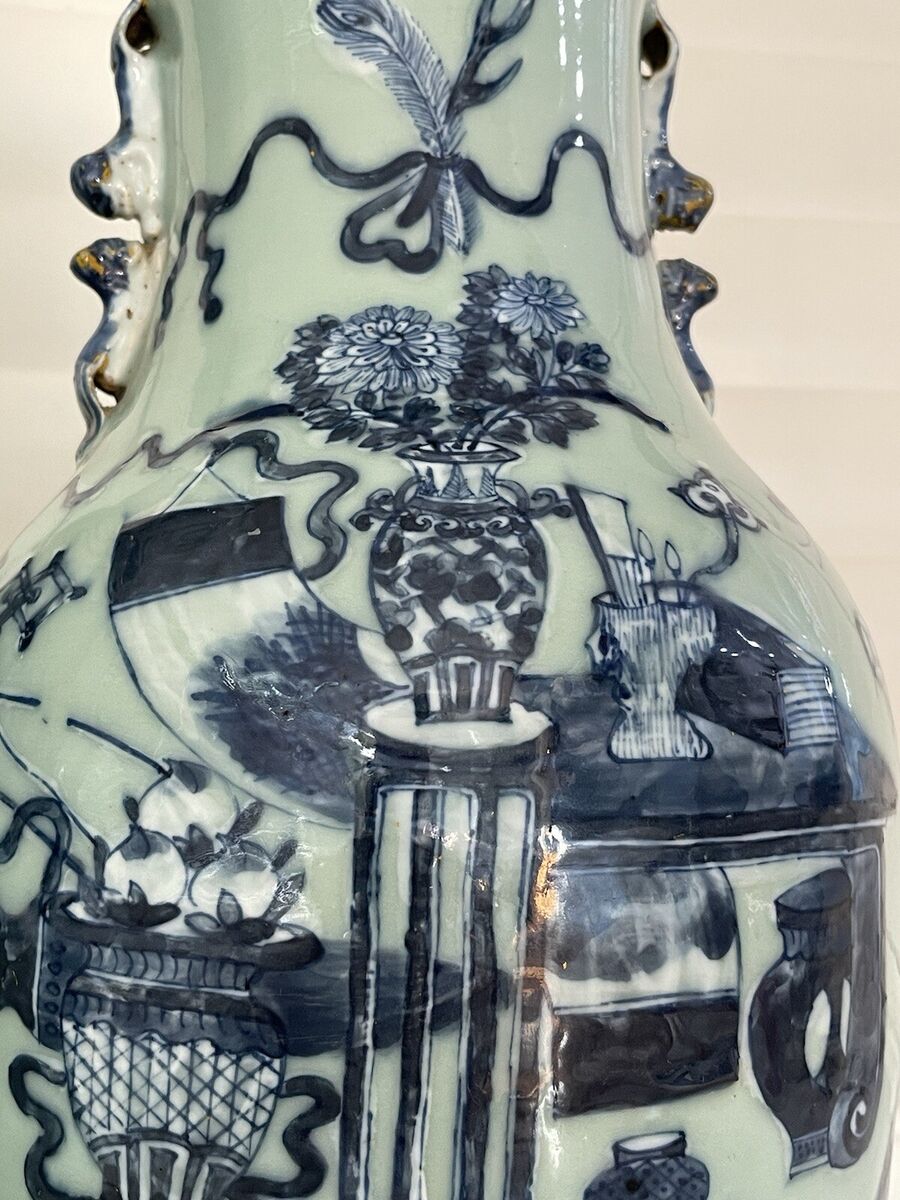 2 LARGE 19th CENTURY ANTIQUE CHINESE CELADON BLUE WHITE 2 LARGE 19th CENTURY ANTIQUE CHINESE CELADON BLUE WHITE